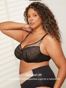 LUVLETTE Plus Black Lingerie Lounge Curve Sheer Full Coverage Support&Breathable Underwire Sexy Unlined Lace Elegance & Mesh Minimizer Bra - Black - View 6