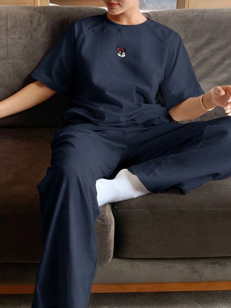 DAZY Cute Cartoon Print Loose Raglan Sleeve Loungewear Set Pajama - Navy Blue - View 1