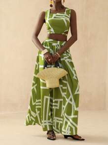 Vesra Women Sleeveless Crop Top And Wide Hem Skirt Set - Multicolor - View 4