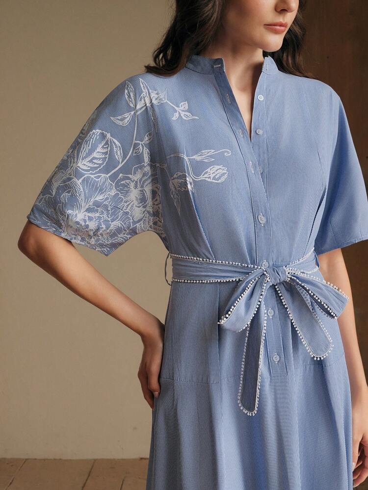 Women's Shirt Dress With Positioning Print, Summer Short Puff Sleeve Striped Positioning Print Waist A-Line Dress Casual Airport Outfit Sash Tie Waist Slimming Dress