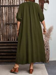 EMERY ROSE 大码女式纯色宽松休闲长款连衣裙 - 軍綠色 - 查看 2