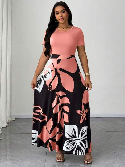 Maweii فستان مطبوع بطبعة رخامية ذو ياقة غير متماثلة ومزدوج الصدر مقاسات كبيرة للسيدات