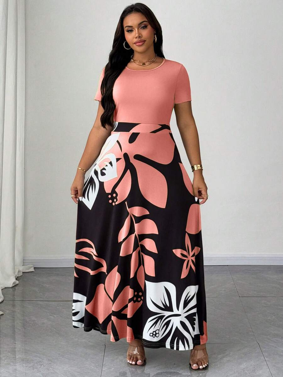 Maweii 大码女式大理石印花不对称领双排扣连衣裙 - 粉色 - 查看 1