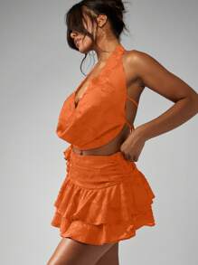 MISSGUIDED Devore Chiffon Halter Cowl Neck Top Ruched Tie Back Summer Party Festival Evening Ruffle Sleeveless Blouse - Orange - View 5