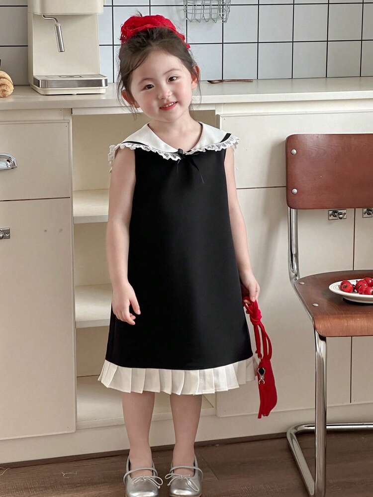 Young Girl Collar Contrast Color A-Line Midi Dress, Cute & Fresh,Girls Summer Outfits