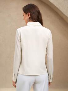 EMERY ROSE Women's Beige Pearl Embellished Long Sleeve Shirt - Apricot - View 2