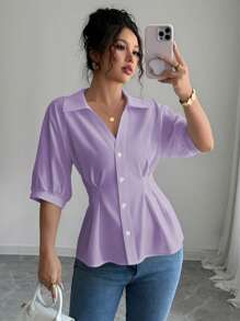 Franclia Blusa con escote en V blanca de manga corta y cintura ceñida, diseño único para verano - Morado - Ver 3