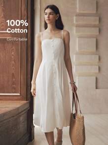 SHEIN Unity 绿色女士棉麻方领束腰A字连衣裙 - 白色 - 查看 1