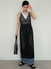 FRIFUL 女士花卉蕾丝宽松休闲吊带背心连衣裙 - 黑色 - 查看 4