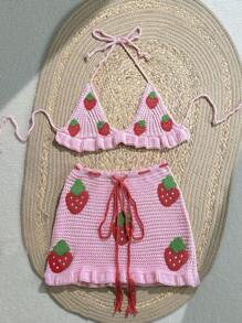 Swim Mod 2 件套女士草莓印花露背系带比基尼上衣和裙子套装（含罩衫）