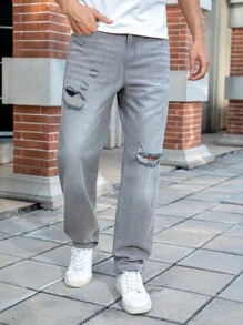 Manfinity Homme Plus Size Men's Pocket Distressed Straight Loose Casual Versatile Denim Jeans Men Streetwear Jeans