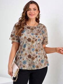 Reflora Plus Size Summer Background Printed Sleeve Double Ruffle Hem Blouse, Elegant Bohemian Boho For Daily Wear, Spring Dinner Office Beige - Multicolor - View 4