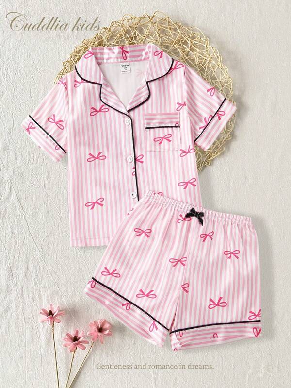 Conjunto de pijama para niñas con blusa de manga corta y pantalón corto, diseño de rayas, lazo rosa y acabado satinado, conjunto de ropa de dormir con cuello de solapa de estilo casual