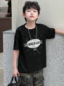 DAZY Camiseta de manga corta de cuello redondo con estampado de letras informal para niños preadolescentes, ropa de verano y de vuelta al colegio