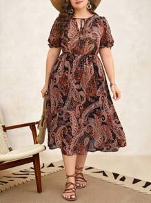SHEIN Clasi Plus Paisley Print Tie Neck Puff Sleeve Dress, Summer,Beach Dress Sundress,Holiday Outfits Boho,Western Wear Women - Multicolor - View 5