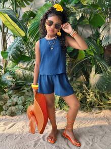 Conjunto de 2 piezas para niña preadolescente con top azul casual de cuello redondo con textura y lazo en la espalda, y shorts a juego