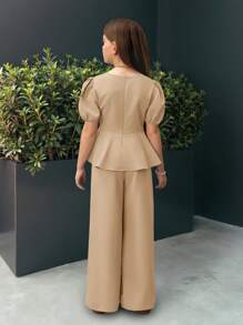 SHEIN 青少年女孩休闲通勤泡泡袖上衣和直筒裤两件套 - 卡其色 - 查看 2