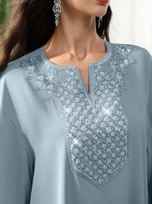 SHEIN Najma Váy hoa trang trí đính cườm tay loe cổ chữ V thanh lịch, phong cách Ả Rập, xuân/hè - Màu xanh bụi bặm - Xem 7