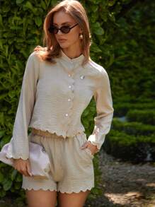 COSMINA 2 Stücke Damen lässiges einfarbiges Outfit mit Langarmoberteil und Shorts, einreihig