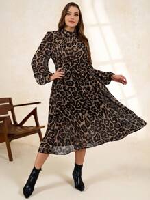 SHEIN Clasi Plus Size Chiffon Leopard Print Long Sleeve Dress, Autumn/Winter - Multicolor - View 6