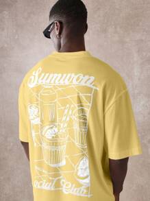 SUMWON 夏季社交俱乐部街头服饰短袖图案印花超大版型常规棉质 T 恤休闲周末日常穿着 - 黃色 - 查看 3