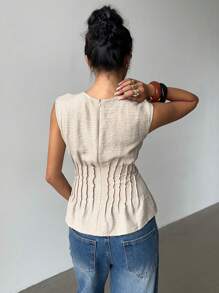 Siren Gaze 新款亚麻腰部褶皱无袖衬衫女装，时尚街头风Y2K女式上衣，秋季返校季褶皱无袖上衣夏季休闲款 - 杏色 - 查看 2