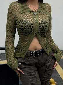 POPSWAY Duży damski dzianinowy kardigan w stylu boho, swobodny na wiosnę/lato/jesień, odpowiedni na wakacyjne wyjścia - Wojskowa Zieleń - Zobacz 3