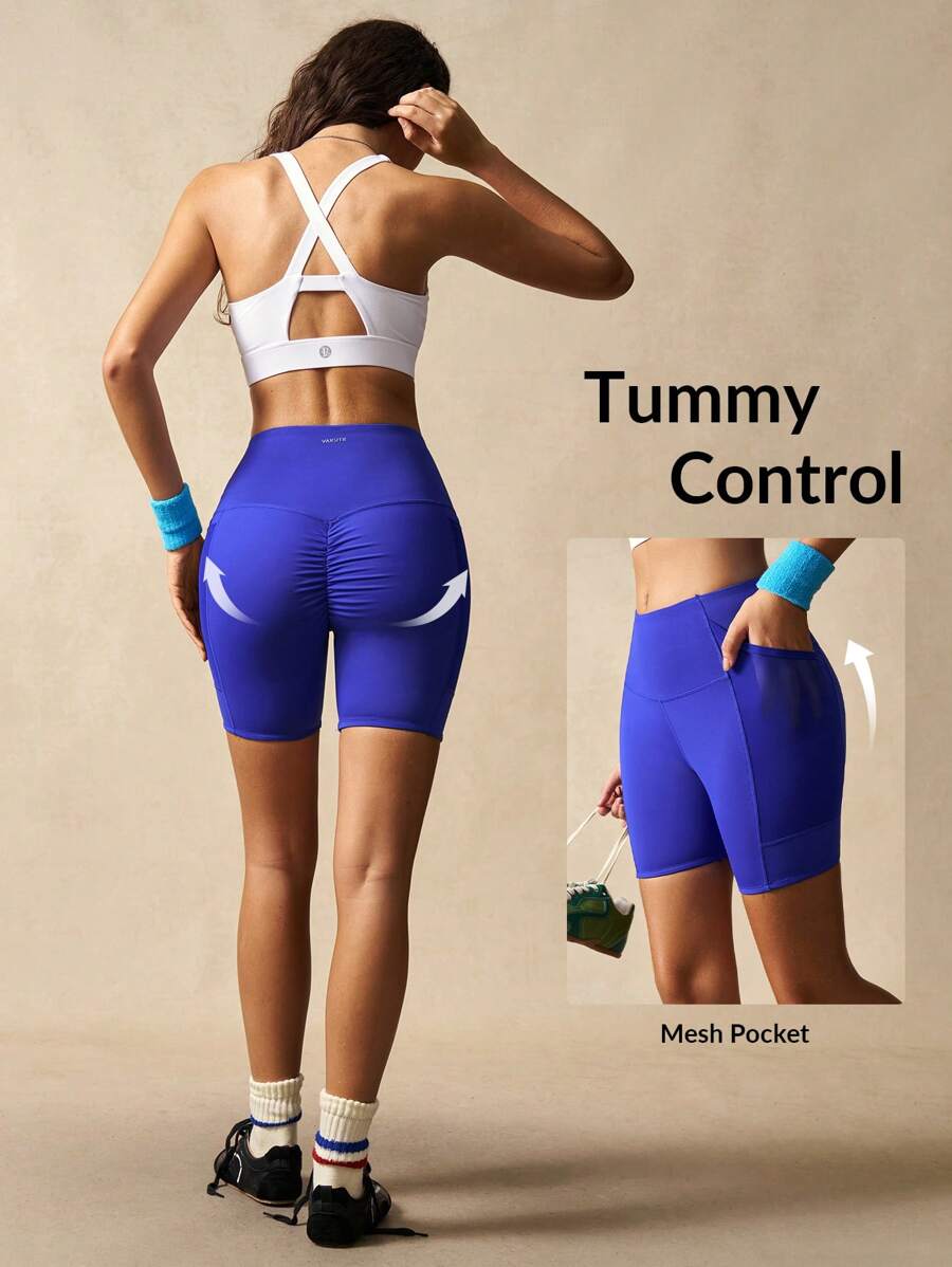 VARSITIE Women Casual Solid Color Mesh Panel Pocket Biker Workout Short , Summer