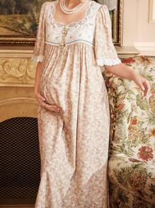 PalaceNights Camisón largo de maternidad holgado con cuello cuadrado, estampado floral vintage y volantes multicapa, ideal para vacaciones