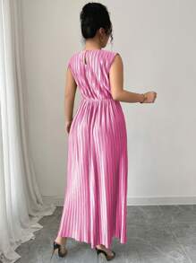 Elenzga 大码女装春夏法式优雅办公/休闲纯色圆领收腰扭褶设计无袖长连衣裙生日女士休闲连衣裙女士生日女士夏季服装女装 - 玫紅色 - 查看 2