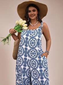 SHEIN VCAY VCAY Plus Size Boho Retro Print Sleeveless Jumpsuit, Vacation Retro Style Vacation Outfits Woman Summer Outfits For Women Valentine's Day Spring Outfits For Women Tropical Vacation Woman Festival
