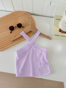 SHEIN 2pcs/Pack Young Girl Cold-Shoulder Ribbed Form-Fitting Camisole, Multi-Pack Basic Tank Tops - Mauve Purple - View 8