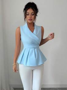 Elenzga Blusa elegante sin mangas con volantes en el bajo y el cuello, unicolor, verano, top con peplum