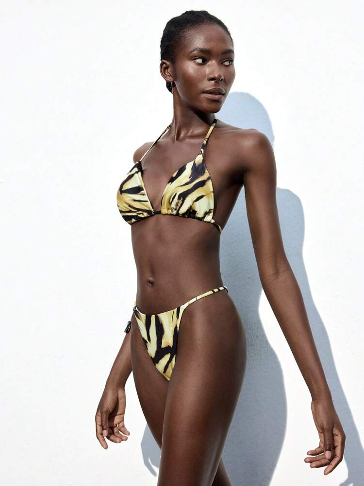 SHEIN Maija Women's Tiger Print Halter Bikini With Matching Short Wrap Skirt Beachwear Set