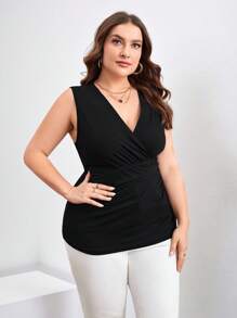 SHEIN Clasi Plus Size Women'S Ruffle Trim Tank Top Women Tops Plus Sizecurve Plus Topsplus Size Tank Tops - Black - View 6