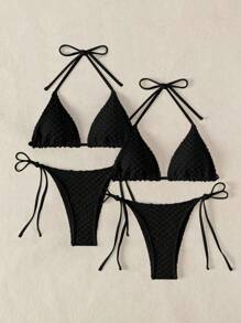SHEIN Swim Bikini 2 mảnh gợi cảm buộc dây màu trơn dành cho nữ - màu đen - Xem 5