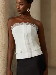 GENKIRA Elegante top corto de camisola con volantes en el frente y botones, de tela de gasa estriada y texturizada, versátil para la oficina, uso casual y temporada de bodas - Blanco - Ver 3