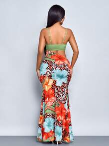 SOLERSUN Women's Summer Vacation Style Leopard Flowers Tropical Print Ruched Waist Cut Out Mermaid Maxi Dress (Random Floral) - Orange - View 2
