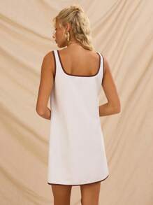 Avantive Summer New Style Square Neck A-Line Shell Embroidery Contrast Color Sleeveless Beach Mini Dress For Women