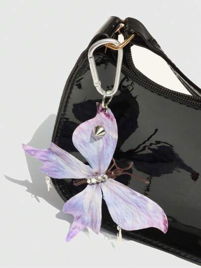 Fairycore 1 pièce Porte-clés gothique punk avec rivets papillons et décoration de fleur violette artificielle