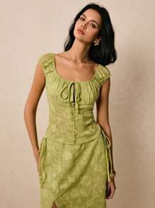 Poéselle 女士提花面料纽扣门襟绿色上衣浪漫可爱前系带提花设计泡泡袖时尚上衣 - 綠色 - 查看 5