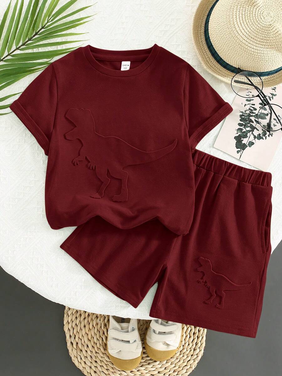 SHEIN 2pcs/Set Young Boys Casual Stylish Comfy Simple Practical Adorable Soft 3D Dinosaur Graphic Tee And Shorts Set, Suitable For Spring/Summer - Red - View 1