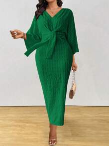 Breezaya Abito jacquard con spacco laterale e maniche 3/4 per taglie forti donna