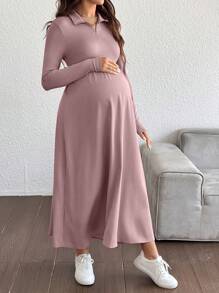 SHEIN 纯色孕妇半开拉链前肩长袖连衣裙 - 粉色 - 查看 3