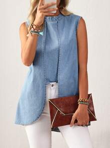 EMERY ROSE Women's Sleeveless Stand Collar Asymmetrical Hem Denim Blouse For Summer - Blue - View 1