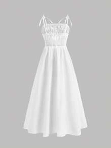 SHEIN Vestido maxi con tirantes y pliegues para niñas preadolescentes, ideal para vacaciones, uso diario y ocasiones versátiles, en color blanco, apto para primavera/verano y vuelta al colegio