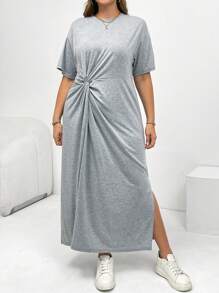 SHEIN Essnce Plus-Size Women's Summer Short-Sleeved Dress, Casual Women's Dress, Grey Dress, Knotted Dress Summer Dresses For Women