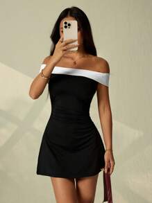 SHEIN PETITE Women's Off Shoulder Solid Color Patchwork Slim Fit Short Dress,Club Outfits Women Sexy