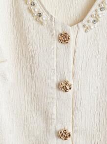 EMERY ROSE V-Neck Bubble Short Sleeve Textured Woven Non-Stretch Casual Women Shirt