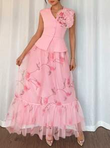 Elenzga Top elegante e romantico da donna con vita raccolta e decorazione floreale 3D, set di due pezzi con stampa floreale in rete, arricciato